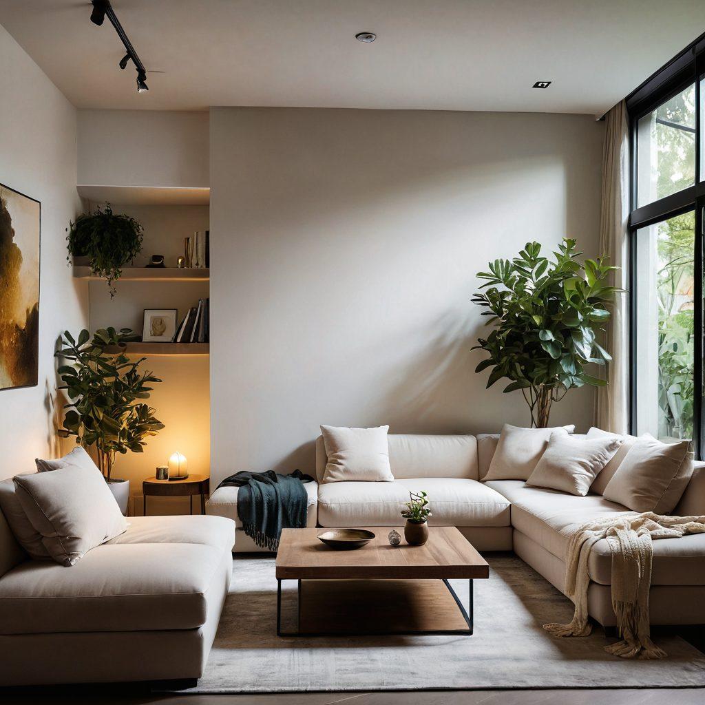 A serene and cozy living space featuring a stylish, cleverly hidden area that promotes privacy and tranquility. Include warm lighting, comfortable furniture, and a touch of greenery. The scene evokes a sense of joy and peace, with a person enjoying the space, reading or meditating. The background should be softly blurred to emphasize the hidden area, creating a comforting ambiance. soft focus. vibrant colors. interior design. relaxing atmosphere.