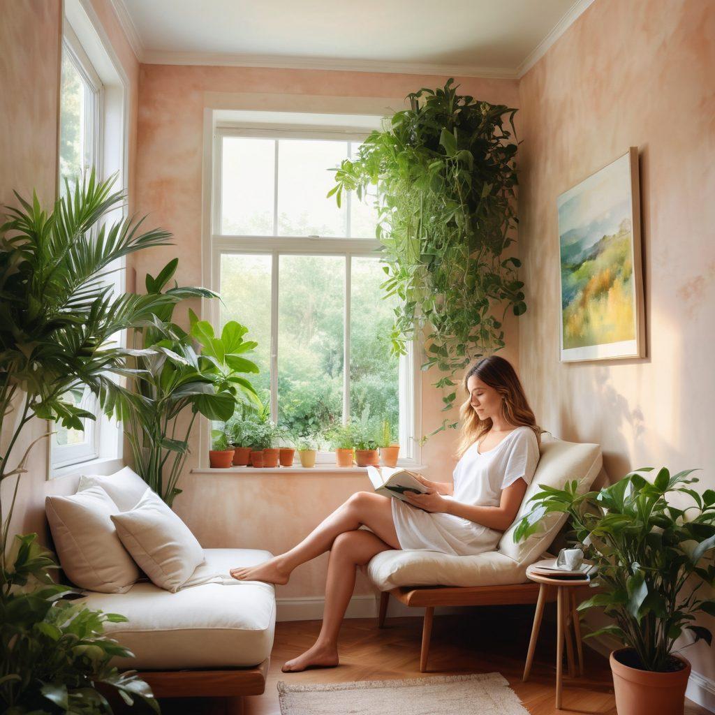 A serene person sitting in a cozy, hidden nook, surrounded by lush plants and soft lighting, reading a book on personal privacy. The atmosphere conveys tranquility and happiness, with hints of technology subtly integrated, like a discreet smart device nearby. The background should feature a blend of natural elements and modern decor, symbolizing the harmony between privacy and comfort. watercolor style. soft pastels. calming ambiance.