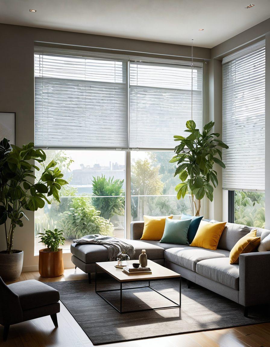 A serene living space showcasing advanced privacy solutions like smart window blinds and soundproof partitions, bathed in warm, natural light. Include a cozy sofa, plants, and family enjoying their time together, symbolizing joyful living. The environment should exude tranquility and modernity, with hints of technology subtly integrated. soft focus. super-realistic. vibrant colors.